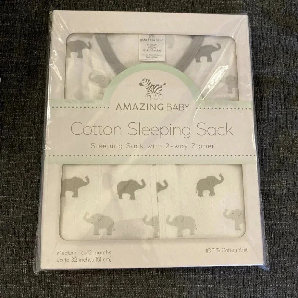Amazing Baby Cotton Sleeping Sack, Tiny Elephants, Sterling, Medium 6-12 months